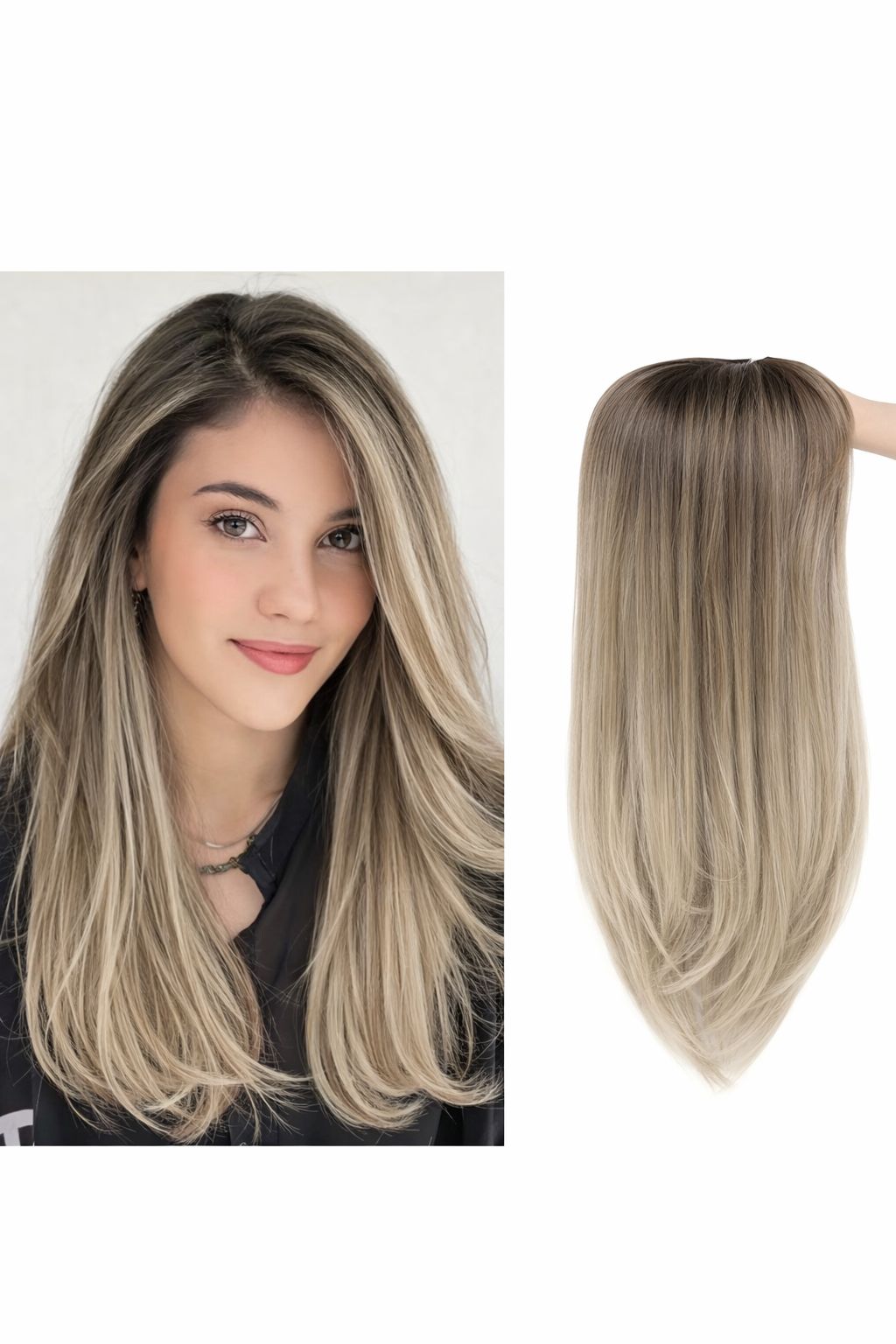 be2b1bf8-659b-42e1-b5f4-de63e4e0868e (1) Topper do włosów 55-56 cm – blond ombre z ciemnymi odrostami - obrazek 1