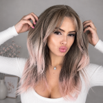 Premium Peruka szaro brązowy z różowymi końcówkami 35-40 cm stw with bang T6/PINK27